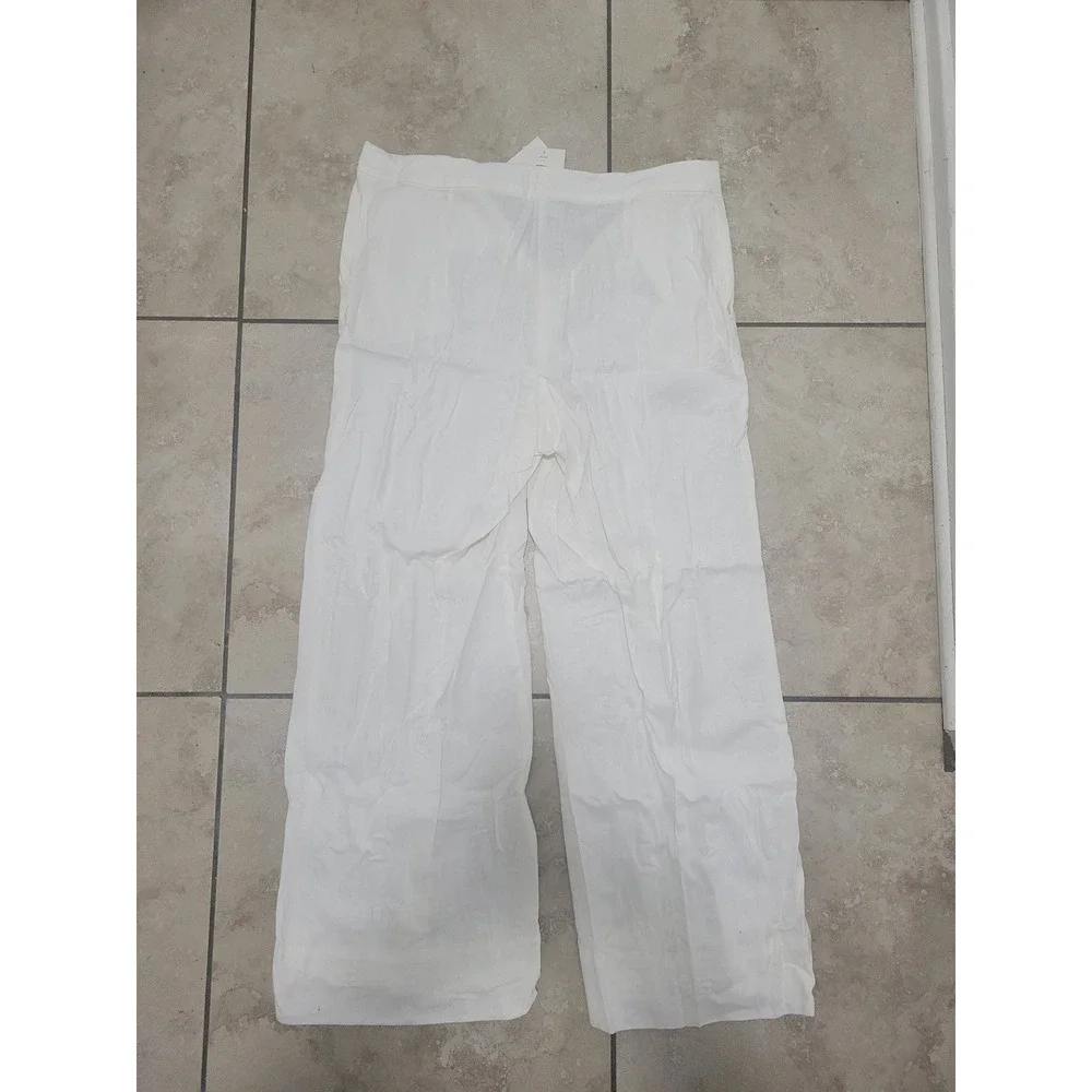 White Wide Leg Linen Blend‎ Pants Flowy Cropped Summer Casual Trousers